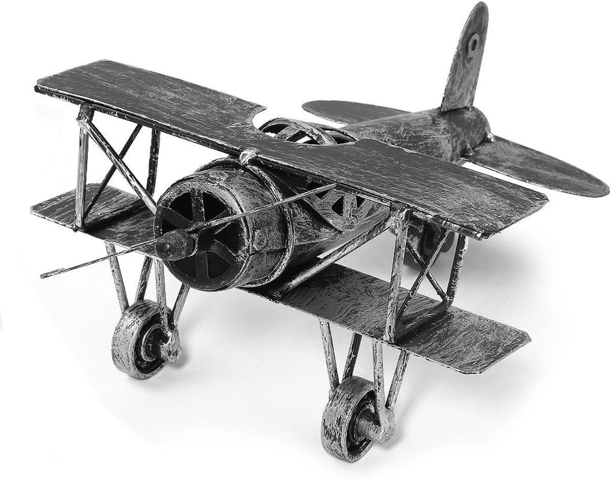 Retro Vliegtuigmodel van Metaal, Vintage Biplane Collectie voor Thuisdecoratie, Handgemaakt Sculptuur en Cadeau voor Kinderen en Vader