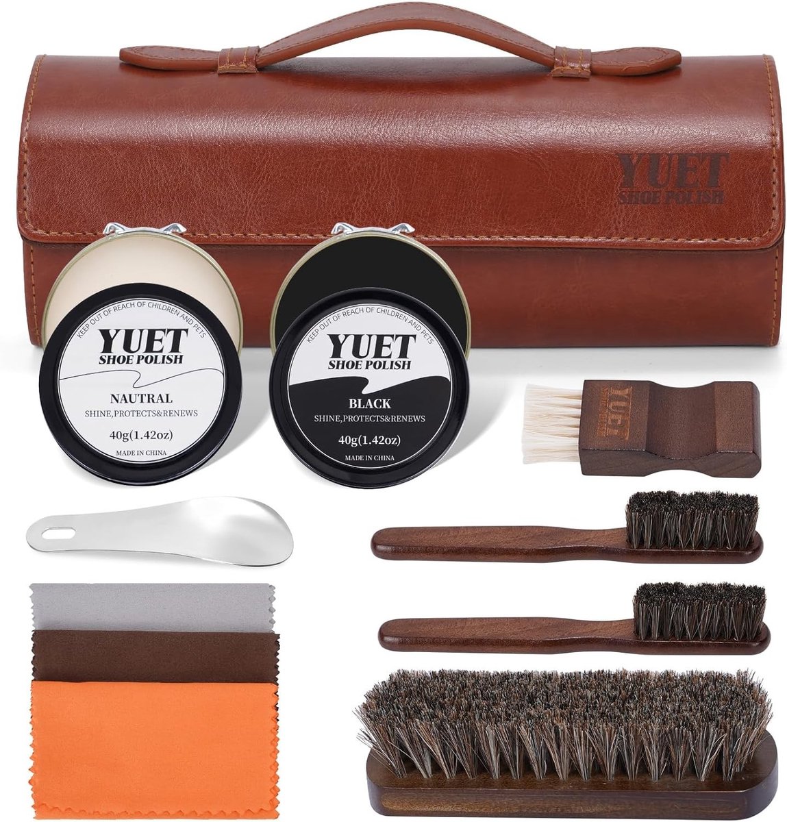 11-delige Schoenpoets- en Onderhoudskit, Leren Schoenpoets Set met Zwarte en Transparante Was, Schoenborstels, Schoenlepel en Poetsdoek voor Perfecte Schoenverzorging