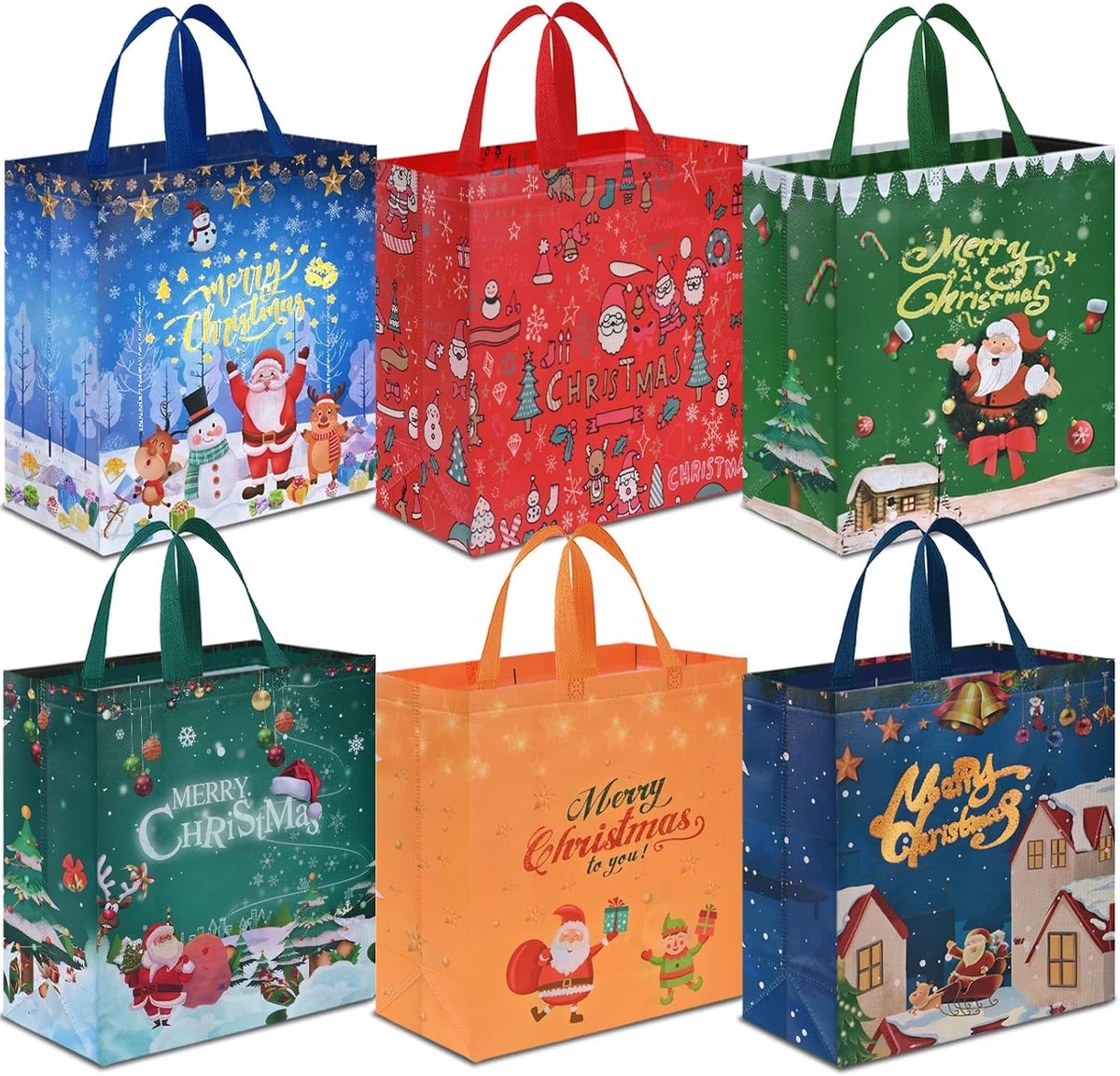 Kerstcadeautassen met Handvatten, Multifunctionele Niet-Geweven Tassen voor Cadeaus, Feestelijke Verpakkingen en Winkelen (6 Stuks)