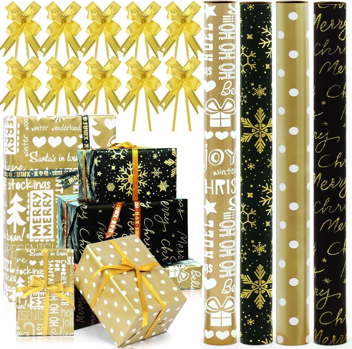 Set van 4 Rollen Metallic Cadeaupapier, 43cm x 3m - Perfect voor Verjaardag, Bruiloft en Feestdagen met 10 Ribbons