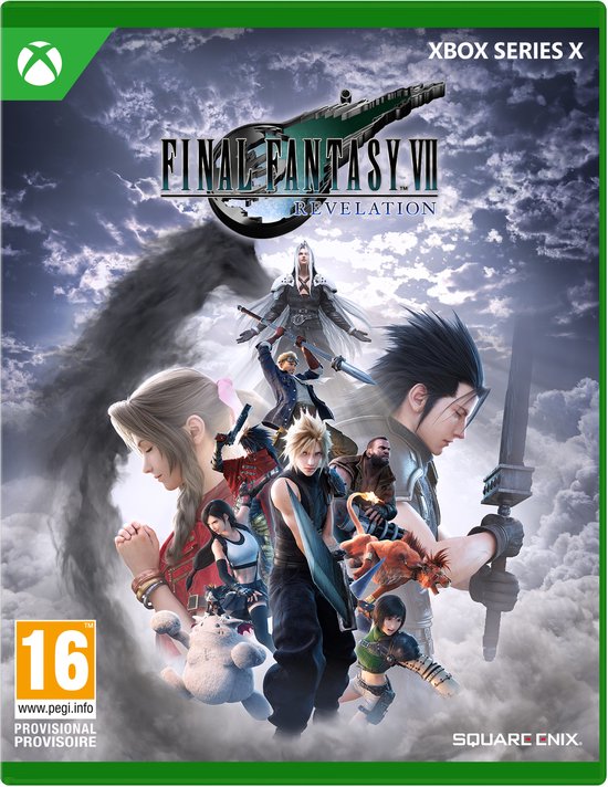 Couverture du jeu Final Fantasy VII Revelation avec Cloud, Tifa, Aerith et Sephiroth sur fond de ciel dramatique avec nuages et fumée. "XBOX SERIES X" et classification PEGI "16".