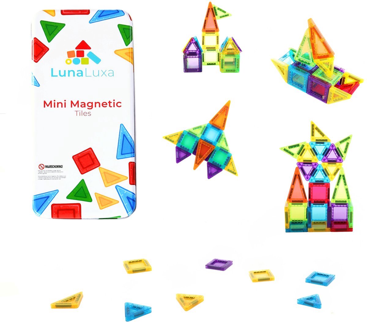 LunaLuxa - Magnetic tiles reisset - 46 stuks - Mini tiles - speelgoed voor in de auto - Magnetische tegels travelset - compatibel met magna tiles - reisspeelgoed - autospeelgoed - montessori speelgoed