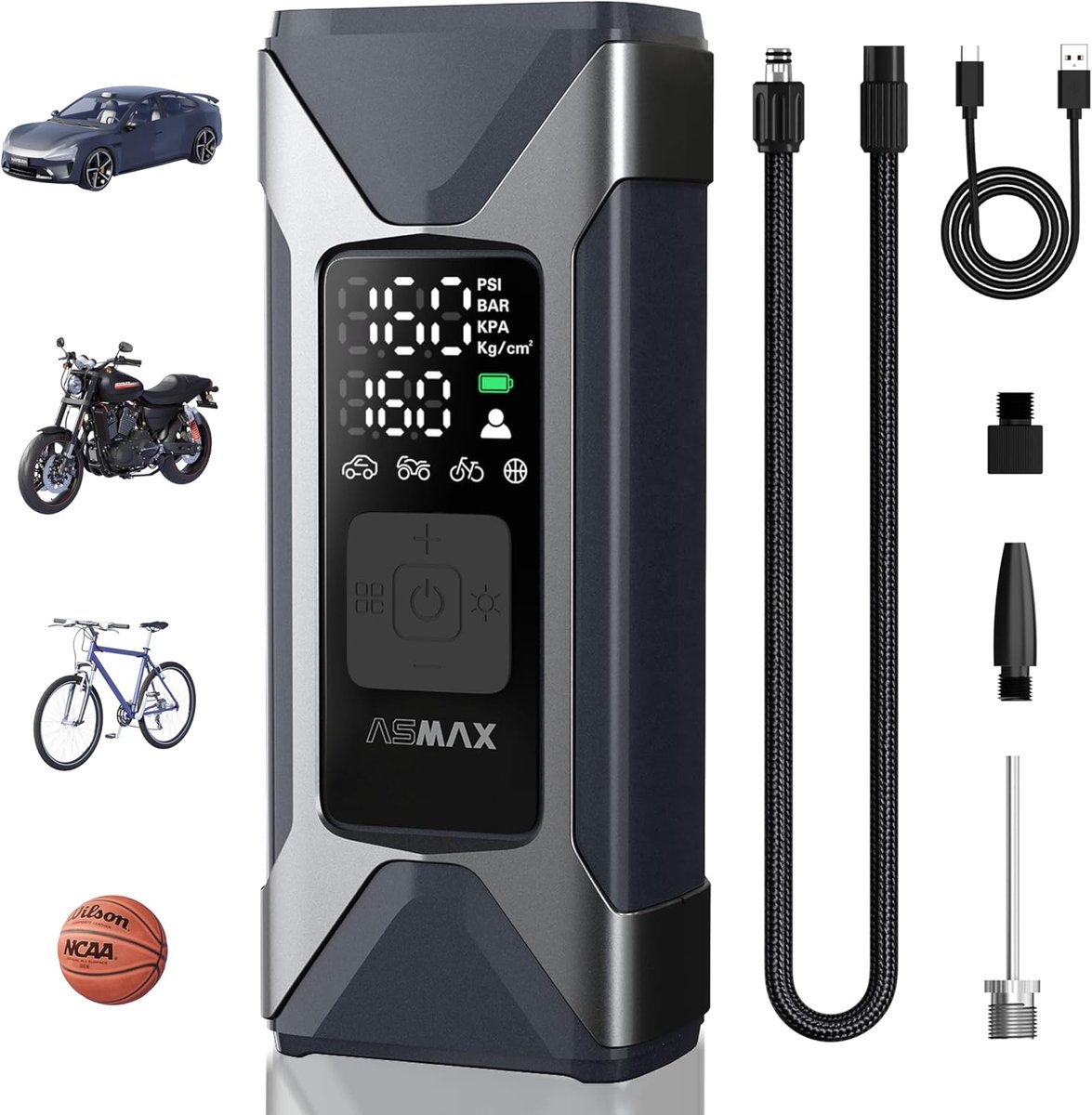 ASMAX T10 Elektrische Bandenpomp - Draagbare Luchtcompressor 160 PSI - 7500 mAh Accu - Digitale Compressor met Automatische Stop & Powerbank - Auto, Fiets & Motor