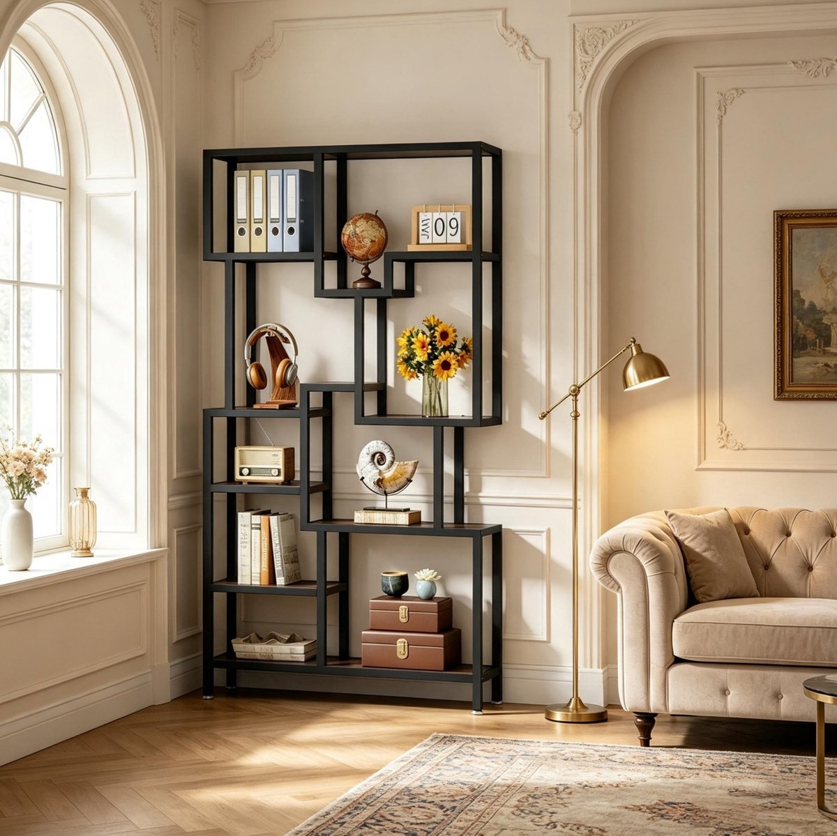 REDOM - Boekenkast - Asymmetrische open vakken - 7 lagen - Industrieel - Woonkamer of thuiskantoor - Spaanplaat en metaal - Zwart - Rustiek bruin - 100 x 30 x 180 cm