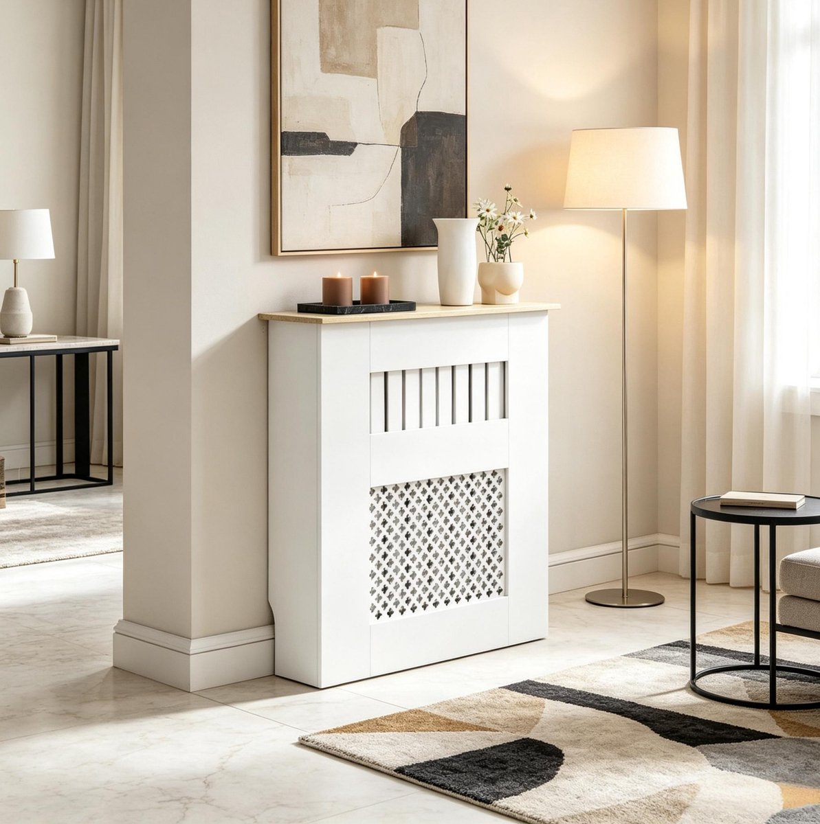 REDOM - Radiatorombouw - Lamellen en honingraatmotief - Wandmontage - Bovenblad als plank - Woonkamer, slaapkamer of gang - MDF en hout - Wit - 78 x 19 x 81 cm