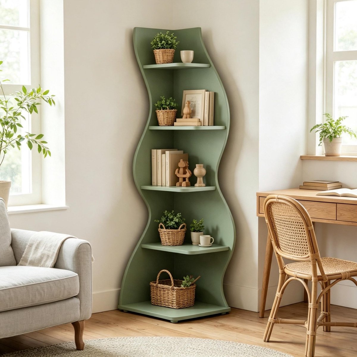 REDOM- Boekenkast - Wavy hoekontwerp met 5 verstelbare open legplanken - Ruimtebesparend en stabiel - Moderne stijl - Woonkamer, kantoor en hal - Hout - Groen - 112 x 56 x 187 cm