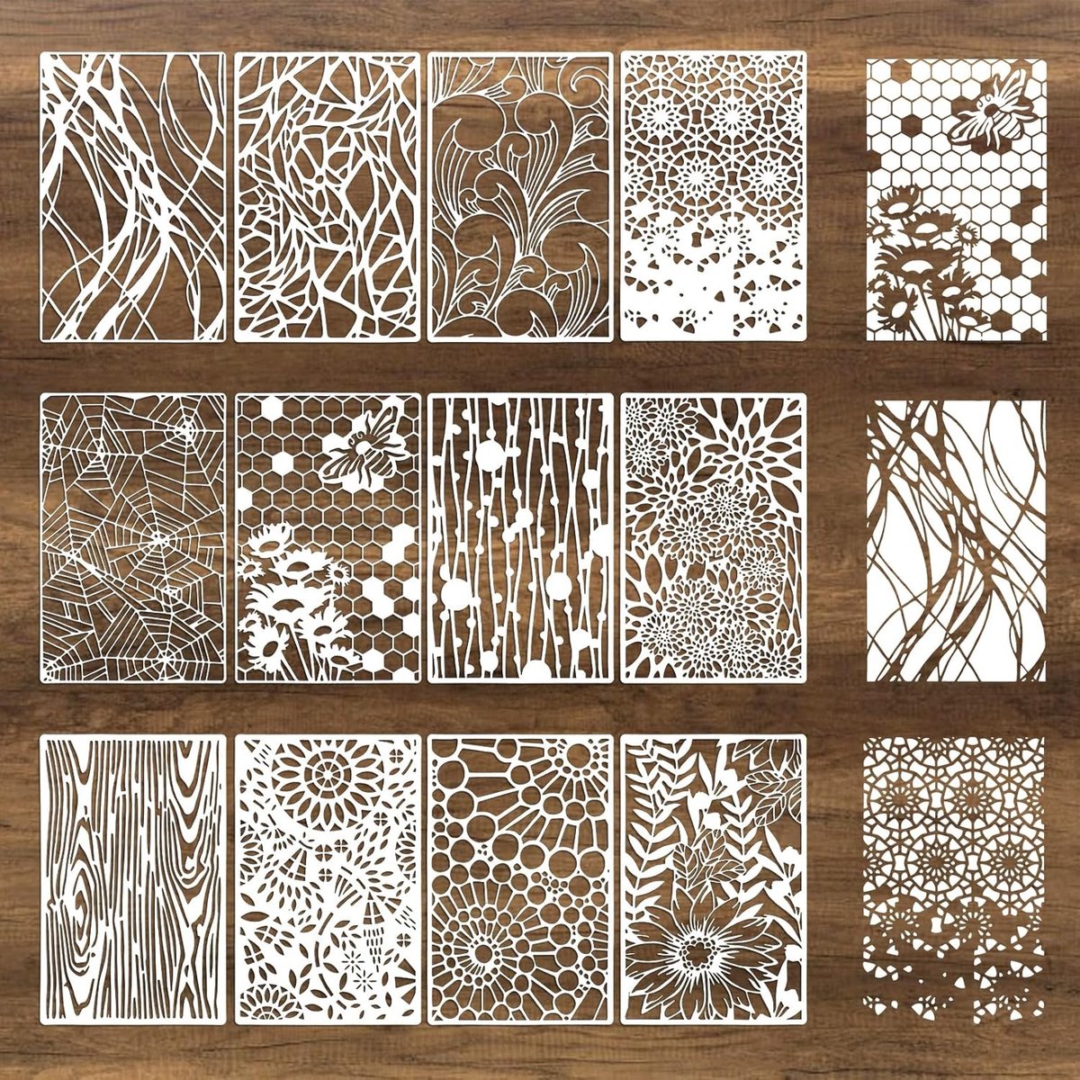Set van 12 Herbruikbare Stencils met Bloemen- en Abstracte Texturen voor Creatief Schilderen en DIY Projecten