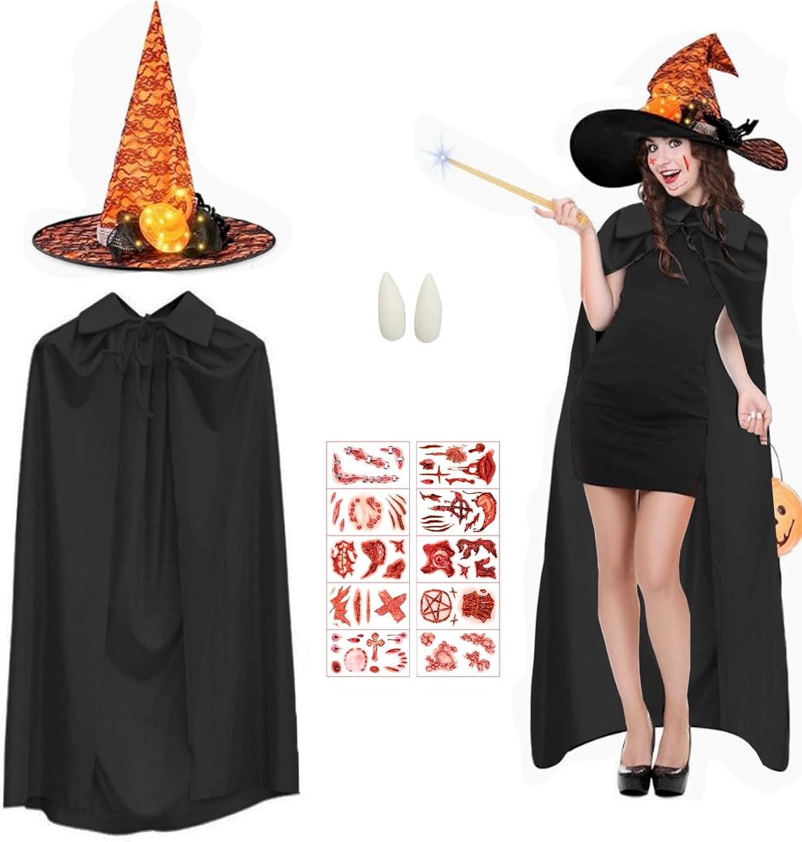 Dames Halloween Kostuum met Luminous Hoed, 10 Eng Tattoo's en Prothese, Zwarte Heks Outfit voor Volwassenen, Perfect voor Feestjes en Verkleedpartijen