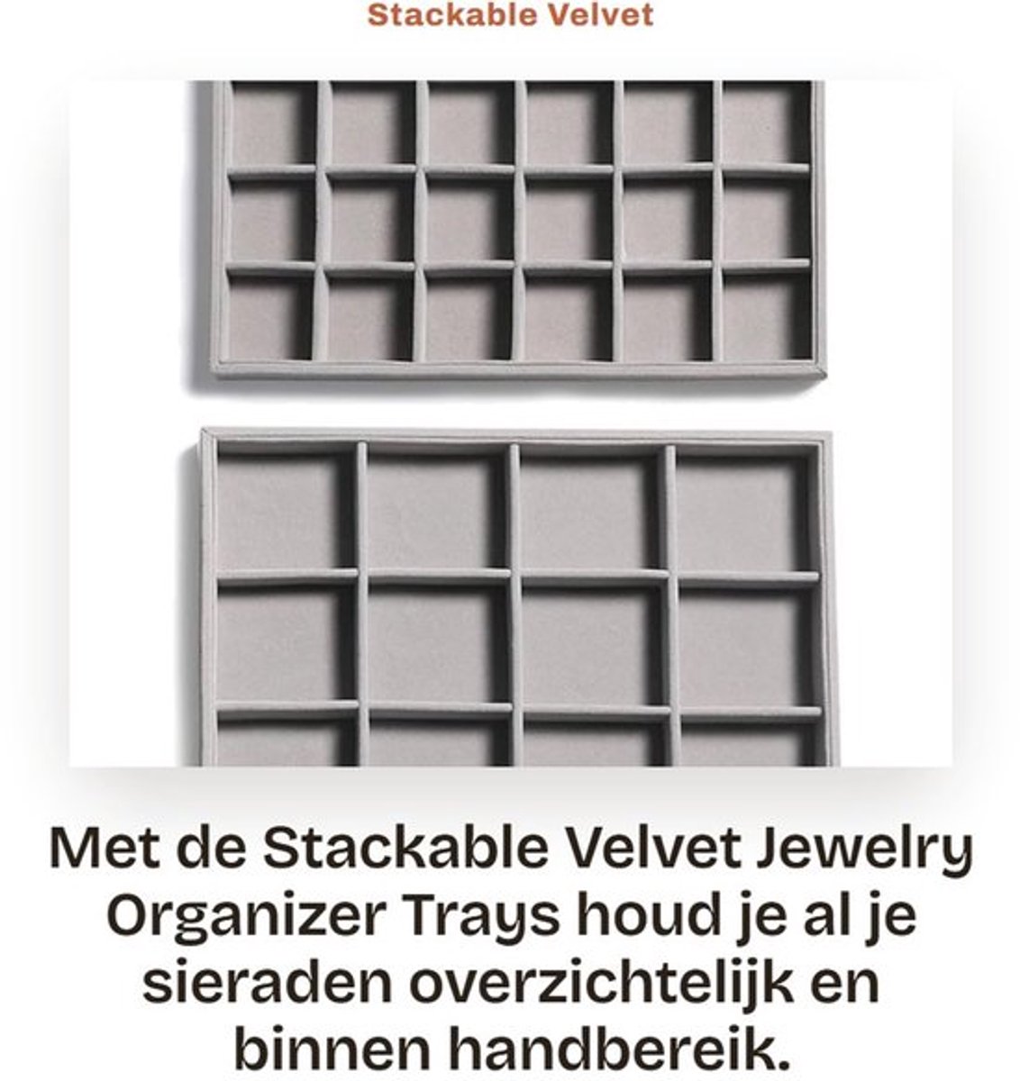 Stackable Velvet Jewelry Organizer Trays - Sieradenopslag - Grijs - Voor Ringen en
