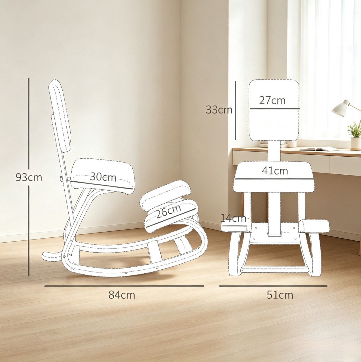 REDOM - Ergonomische kniestoel met rugleuning - Schommelmechanisme - Berkenhouten frame - Stof en hout - Bureau, meditatie en thuiswerk - 51 x 84 x 93 cm thumbnail 5