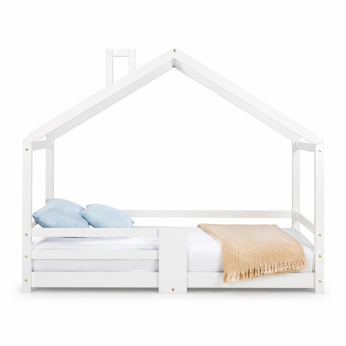 WUVRIE Hoogslaper huisbed 90x200 cm met schoorsteen en valbeveiliging, wit