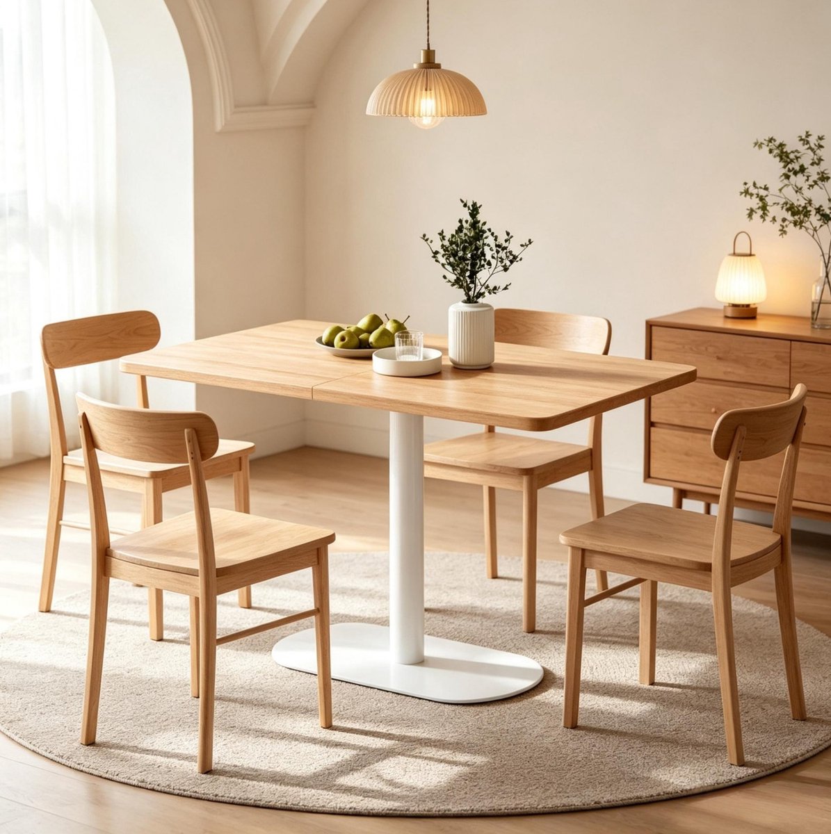 REDOM - Eettafel - Rechthoekig tafelblad - Centrale tafelvoet - Moderne stijl - Keuken en eetkamer - Metaal en spaanplaat - Eikenlook en wit - 120 x 70 x 75 cm
