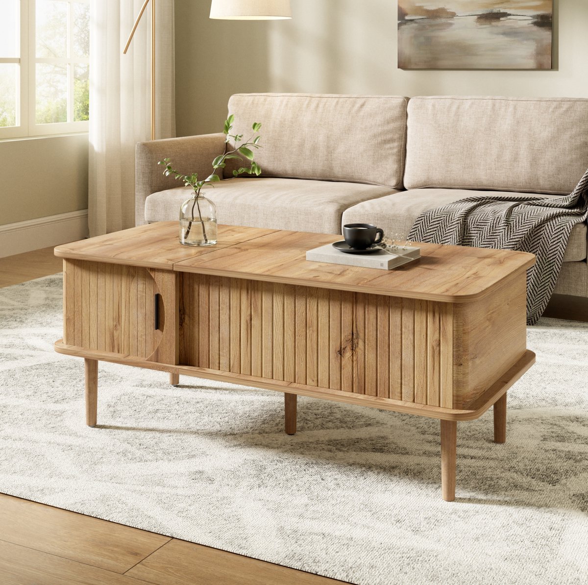 MODENUIT Salontafel - Verstelbaar Blad En Schuifdeur - Woonkamer En Kleine Ruimtes - MDF Hout - Naturel