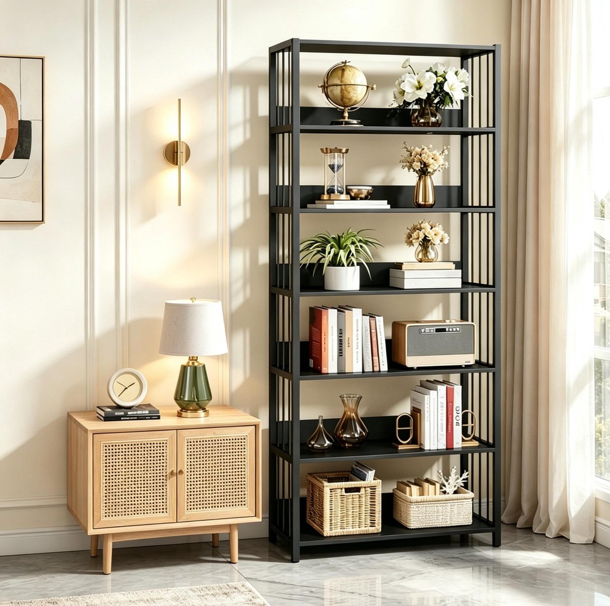 REDOM - Boekenkast - 6-laags open boekenkast - multifunctioneel opslagrek - industriële stijl - woonkamer, kantoor, keuken, badkamer - MDF en metaal - Zwart - 80 x 30 x 190 cm