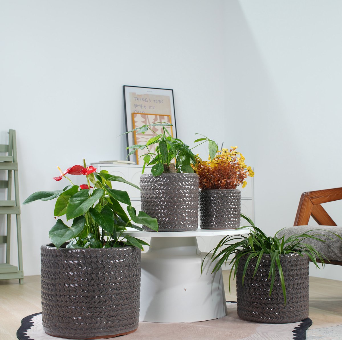 Bloempot – Compacte Diameter 17,5 Cm – Glanzend Keramiek Met Visgraatreliëf – Grijs – Voor Mini Vetplanten En Kruiden Op Bureau Of Vensterbank