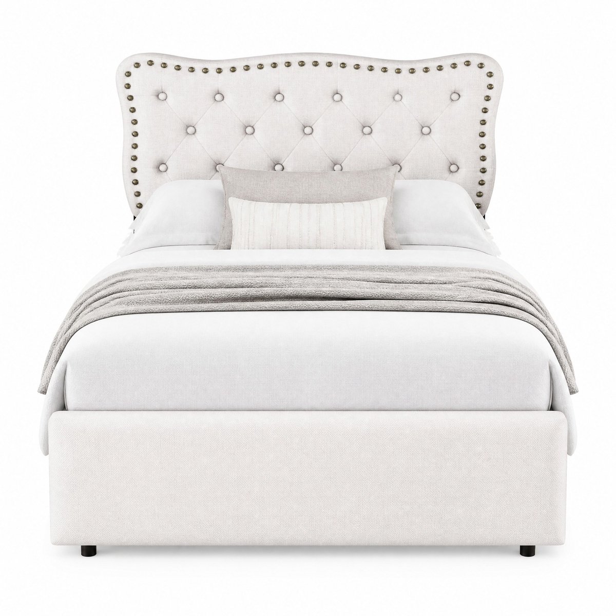 WUVRIE Gestoffeerd bed 90x200 cm met verstelbaar hoofdbord en 2 lades, lichtbeige