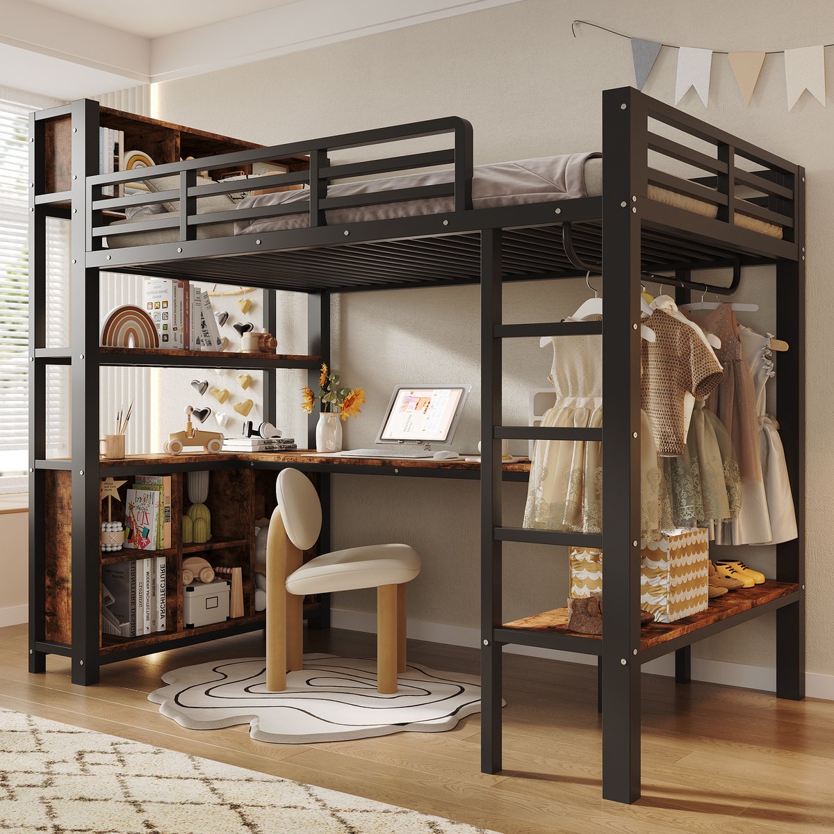 MIVRAY Hoogslaper 90x200 cm - Bed Met Bureau En Kleerrek - Met Planken En Opbergvakken - Zonder Matras Voor Kinderkamer - Metaal En MDF - Zwart