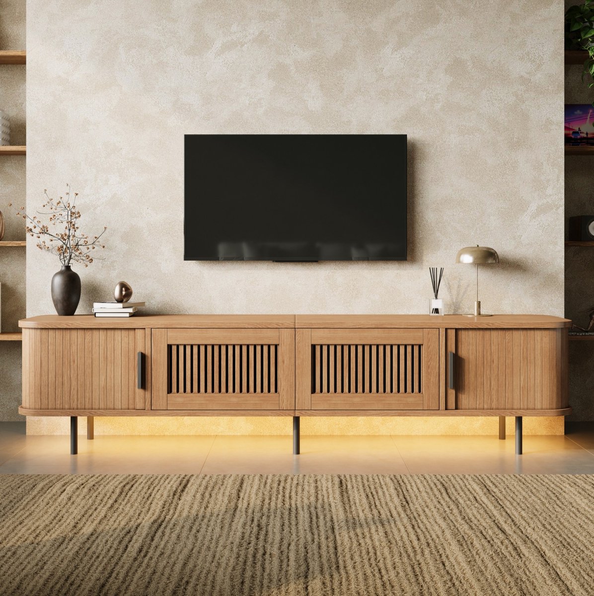 MODENUIT TV Meubel - APP LED Verlichting En Schuifdeuren - Woonkamer En Media Opstelling - MDF En Spaanplaat - 180x40x44,5 Cm - Natuurlijk