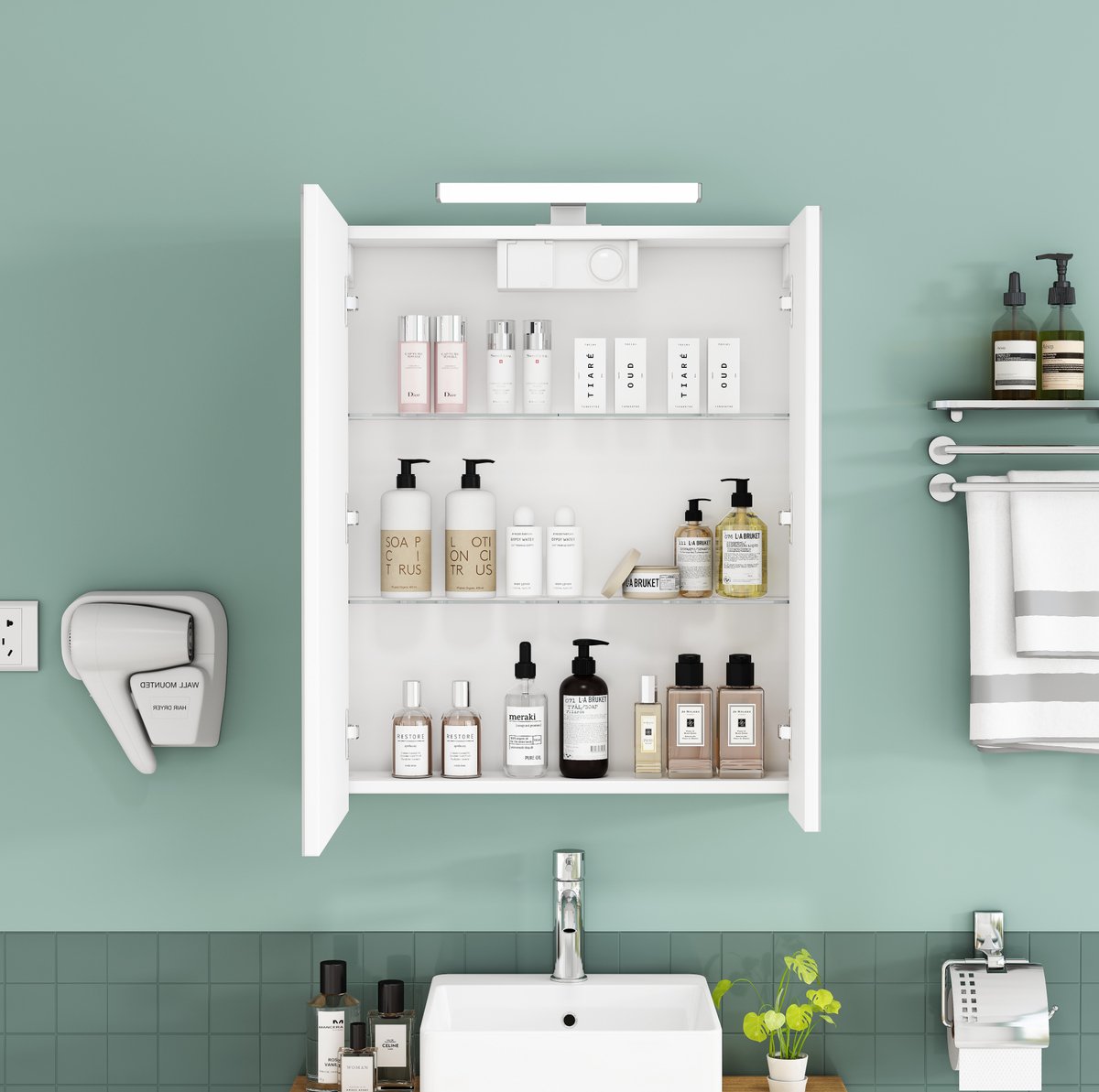 OKWISH Spiegelkast - Wandgemonteerd Met LED-Verlichting En Stopcontact - Asymmetrische 2 Deuren - Wit MDF En Glas - 60x16x70 Cm