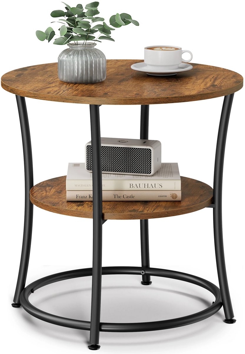 Sellino Bijzettafel - Rond met 2 Niveaus - Stabiel dankzij verstelbare voetjes - 30 Kg belasting - Stalen Frame - Bruin/Zwart - Ø 55 cm