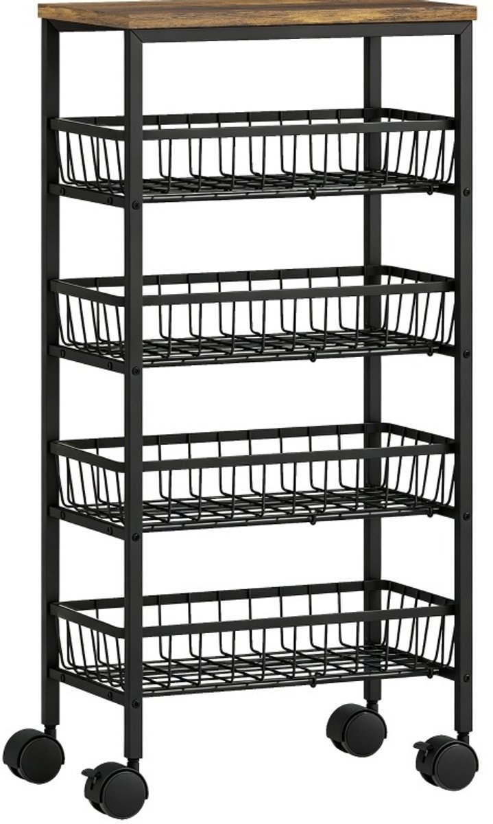 FloraGrace Keukenwagen – Vier Uitneembare Korven – 40 x 24 x 81,5 cm – Metaal En Spaanplaat – Rustiek – Keuken En Woonkamer