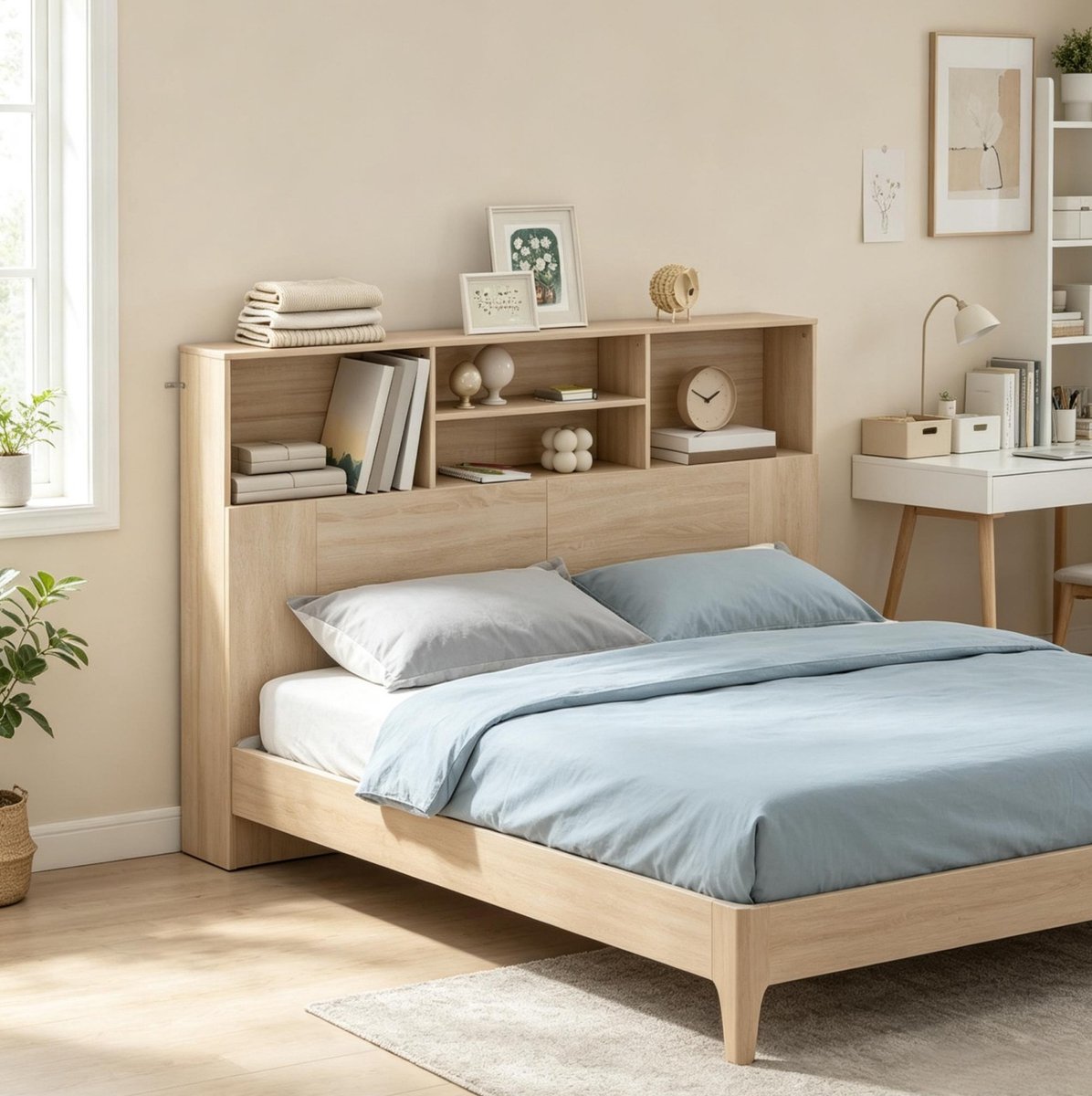 Hoofdbord Met Opbergruimte - 140 Cm - 4 Open Vakken Voor Boeken En Decoratie - Vezelplaat - Natuurhout - Voor Moderne Volwassen Slaapkamers