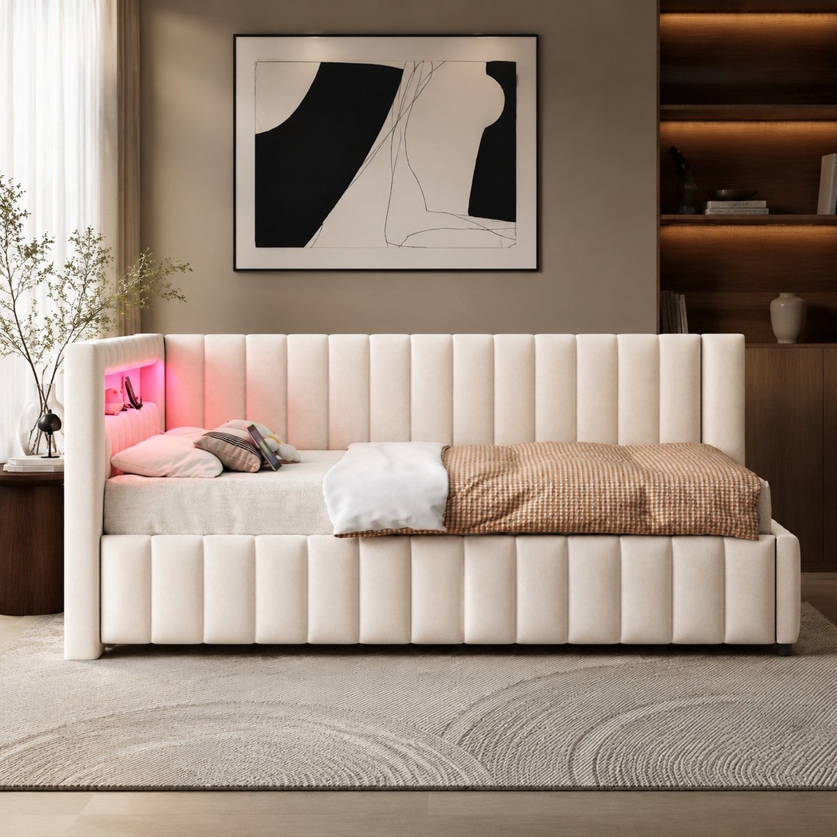 COVREO Slaapbank met LED-licht en USB-aansluiting – 140x200 cm – Bed van stof en MDF – L-vormig design – Beige - zonder matras