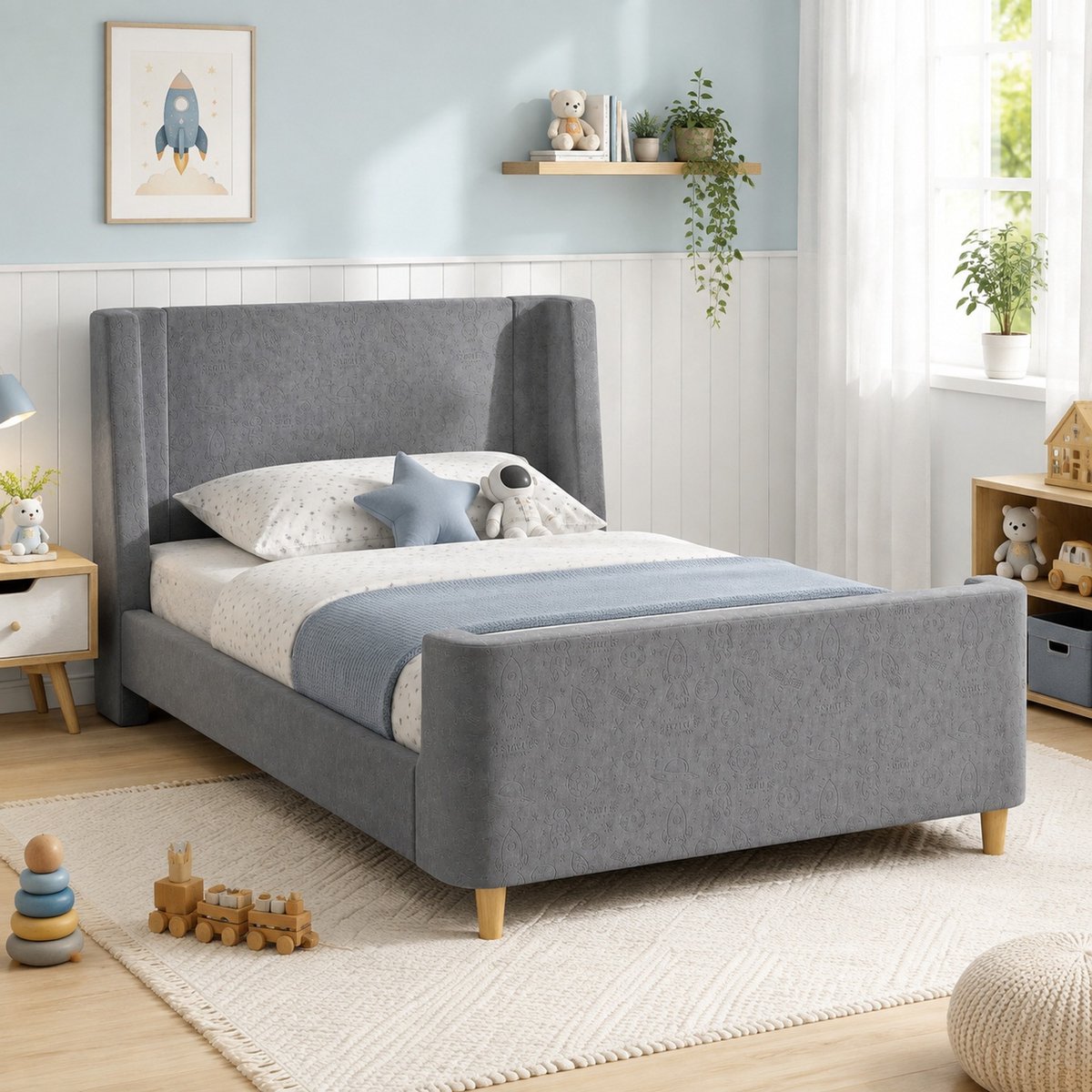 COVREO Kinderbed met kosmisch patroon – 90x200 cm – Gestoffeerd eenpersoonsbed voor kinderen – Grijs – Sledevorm - zonder matras