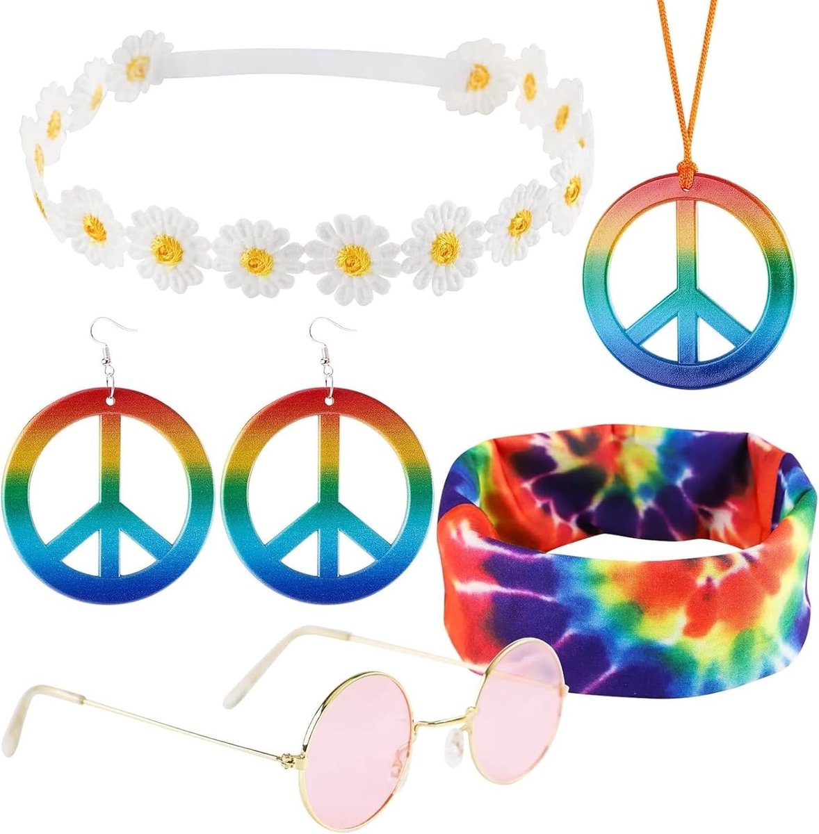 Hippie kostuumset met accessoires, inclusief bril, peace sign ketting, oorbellen en hoofdband voor een feestelijk hippie thema
