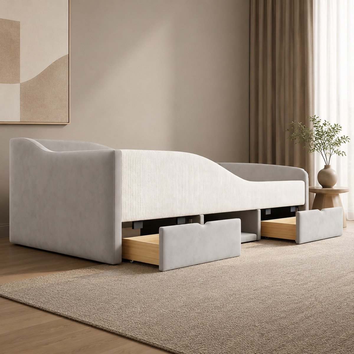 Kinderbed 90x190 Cm - Multifunctioneel Bed Met Twee Lades En Veiligheidshekken - Opbergruimte - Voor Kinderen - Fluweel - Grijs - Zonder Matras