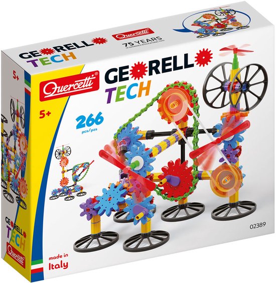 Doos met Quercetti Georello Tech constructiespeelgoed. Gekleurde tandwielen, propellers en ketting. "75 YEARS OF ENGINEERING TOYS". Gemaakt in Italië.