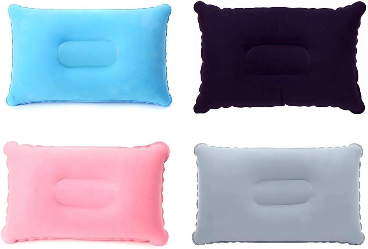 4-delige Opblaasbare Campingkussens, 34x22cm Draagbaar, Waterdicht en Compressibel Kussen voor Reis, Kamperen en Wandelen met Nek- en Lendensteun