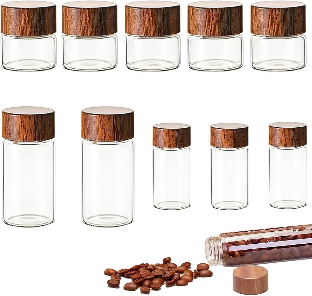 10 Stuks Opslagtubes voor Koffiebonen, Thee en Suiker - Glazen Tubes voor Gemalen Koffie, Specerijen en Kruidensubstanties (10ml, 20ml, 30ml)