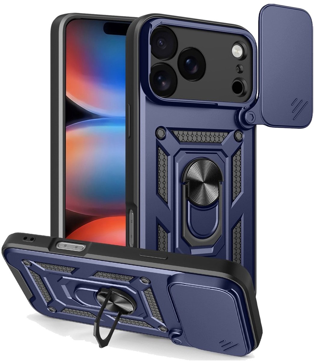 MobyDefend Hoesje - Geschikt voor iPhone 18 Pro Max - Pantsercase Met Draaibare Ring - Blauw