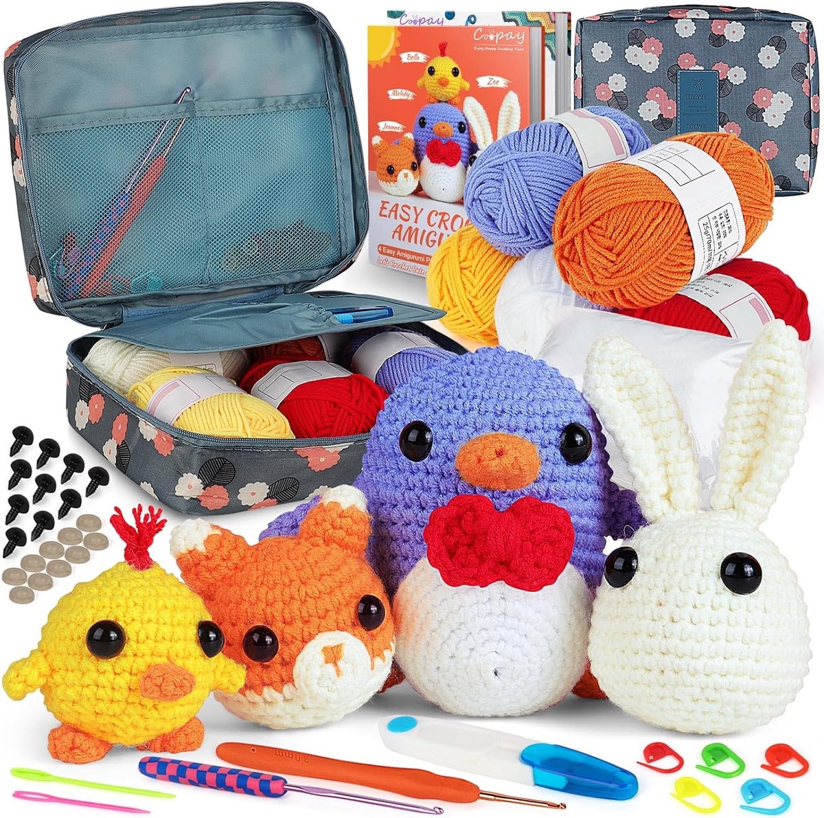 Complete haakset voor beginners met 4 verschillende dierenpatronen: pinguïn, konijn, kuiken en vos, inclusief haaknaald en instructies