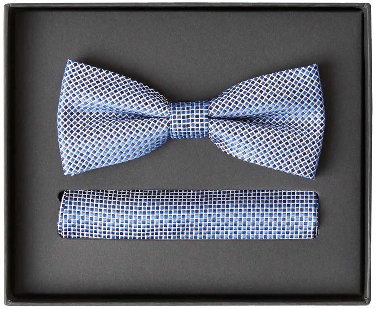 VENTI set met vlinderdas en pochet - blauw - wit dessin