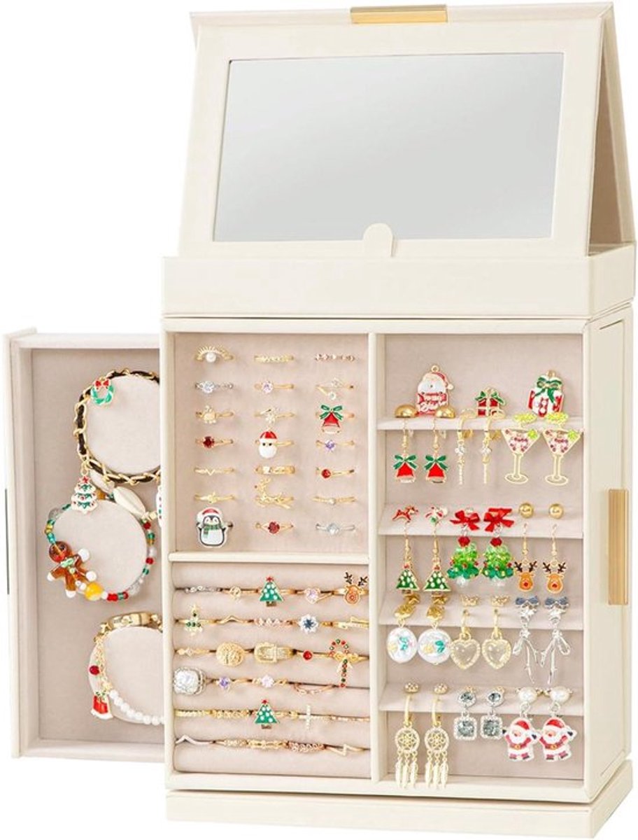 360° Roterende Sieradendoos met Magnetische Spiegel - Sieraden Organizer met Laden