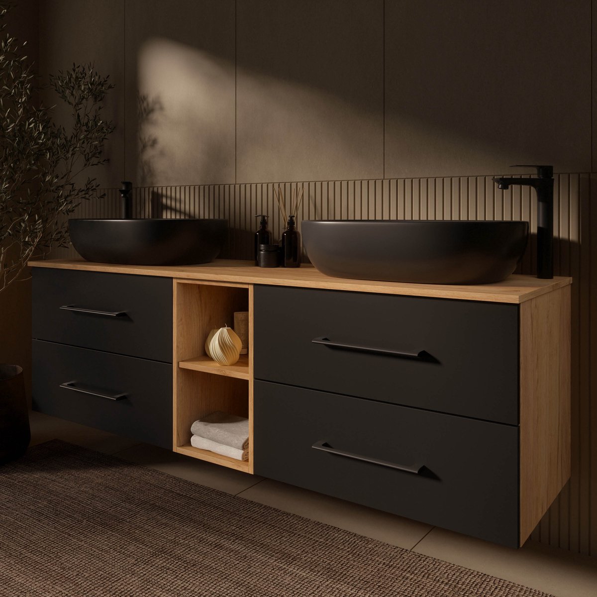 Planetmöbel LUX Dubbel Badmeubel 170 cm 2x Wastafel 60 cm Zwart