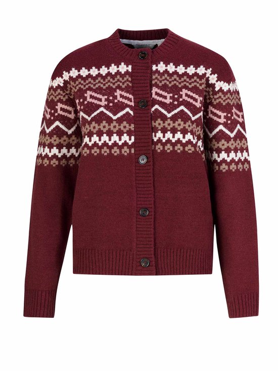 Cardigan tricot bordeaux pour femme avec des boutons et un motif Fair Isle beige, blanc et rose.