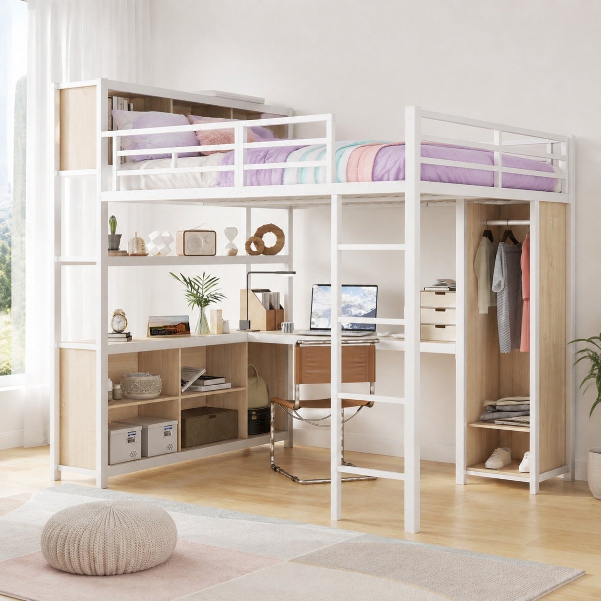 COVREO Hoogslaper met bureau – 234x144x187 cm – Bed met kledingkast – slaapmeubel voor volwassenen – Wit naturel - zonder matras