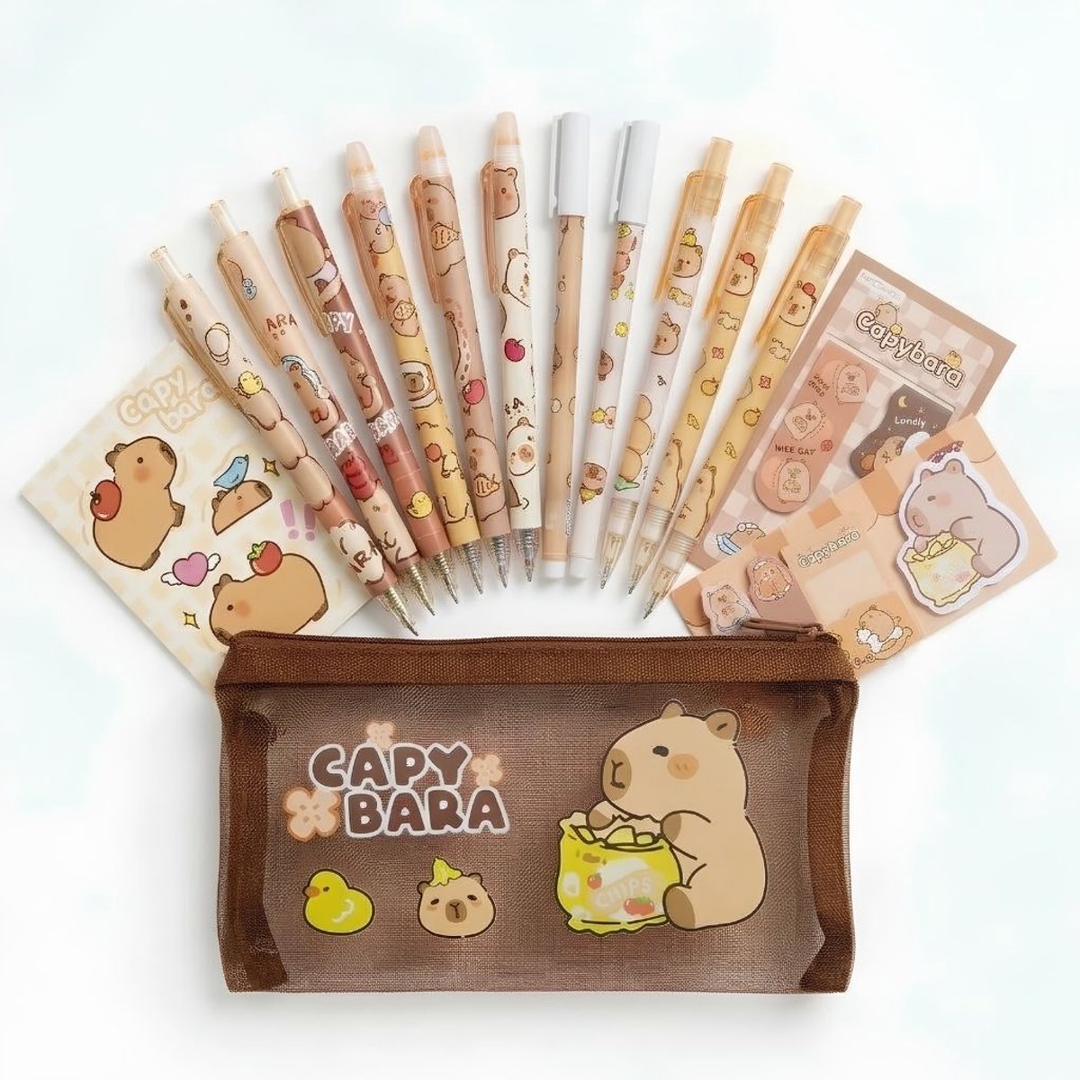 Ainy 17-delig Capibara Schrijfset - etui gevuld met uitwisbare pennen, vulpotloden, post-it en stickers - pennenzak set geschikt voor meisjes en jongens - kawaii middelbare schoolspullen