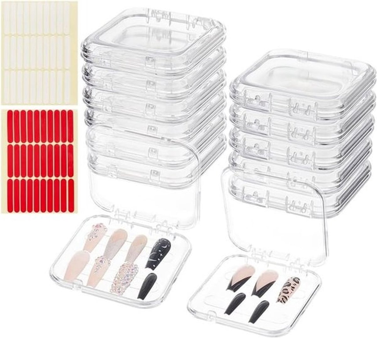 Set van 20 Transparante Nagelopslagdozen met Dubbelzijdige Plakband, Nagelstandaard en Verpakkingsdozen voor Nagels