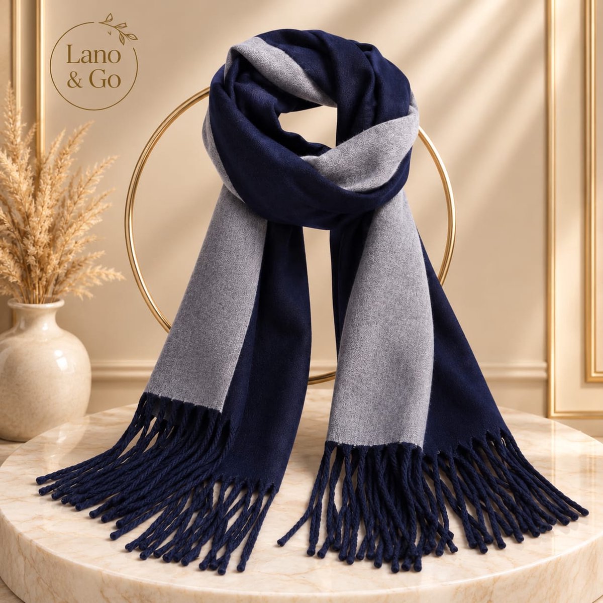 Lano&Go Omslagdoek Sjaal Dames Navy Grijs Omkeerbaar