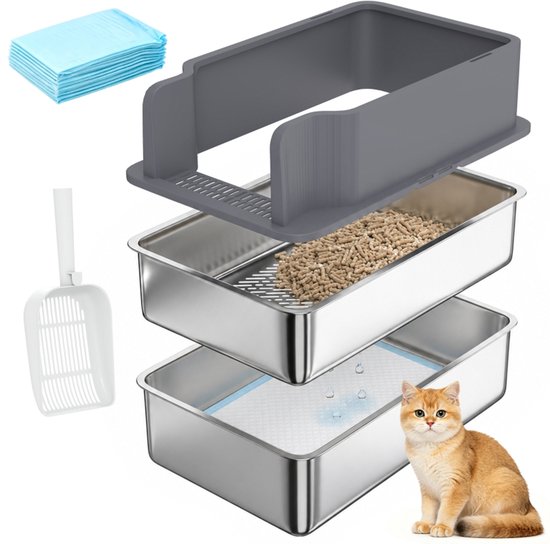 Grijze kattenbak met een roestvrijstalen bak, een zeef, een schepje, inlegkussens en een goudkleurige kat.