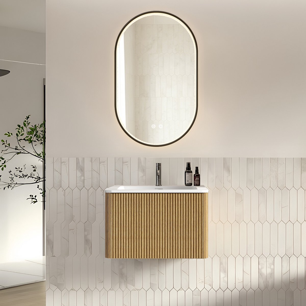 REDOM - Badmoebele-set met spiegel en zwevende wastafel: 60 cm wastafel met onderkast, eiken kleur, vormontbonden, 50x80 cm ovale spiegel met strassstenen en zwarte rand