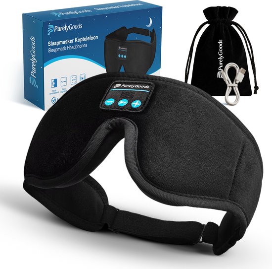 Zwart slaapmasker met geïntegreerde Bluetooth koptelefoon en bedieningsknoppen. Inclusief opbergzakje en USB-kabel.