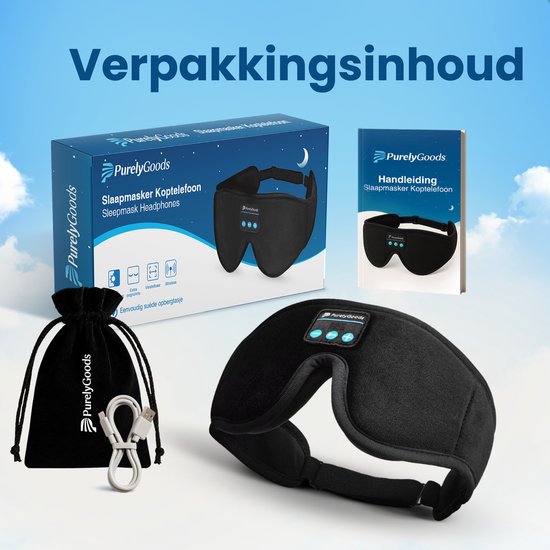 Contenu de l'emballage : Masque de sommeil Bluetooth noir, manuel, pochette de rangement et câble USB.