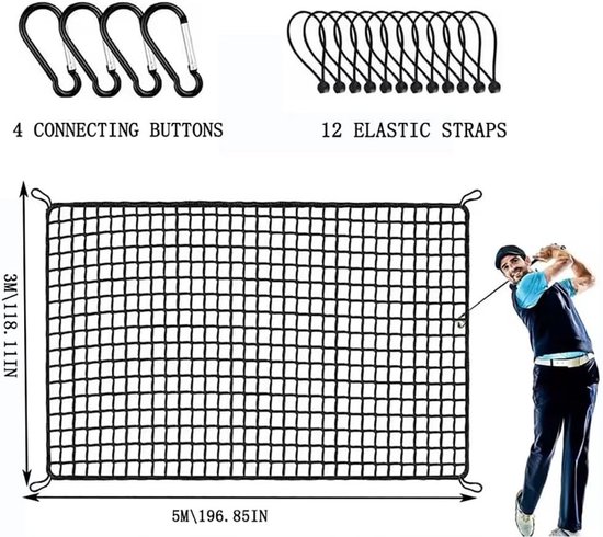Praktisch Golf Net voor Oefeningen, 3 m x 5 m, Duurzaam Polyethyleen Net met Verstevigde Randen, Inclusief 12 Elastische Touwen en 4 Karabijnhaken, Eenvoudig te Monteren voor Garage Training — afbeelding 4