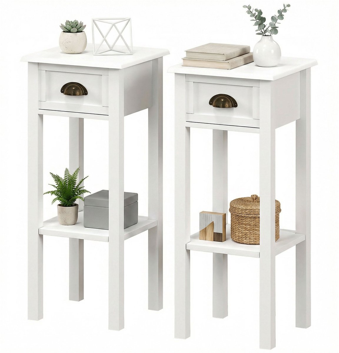 Set van 2 nachtkastjes - Smalle nachtkastjes met lad -30x30x75 cm - wit