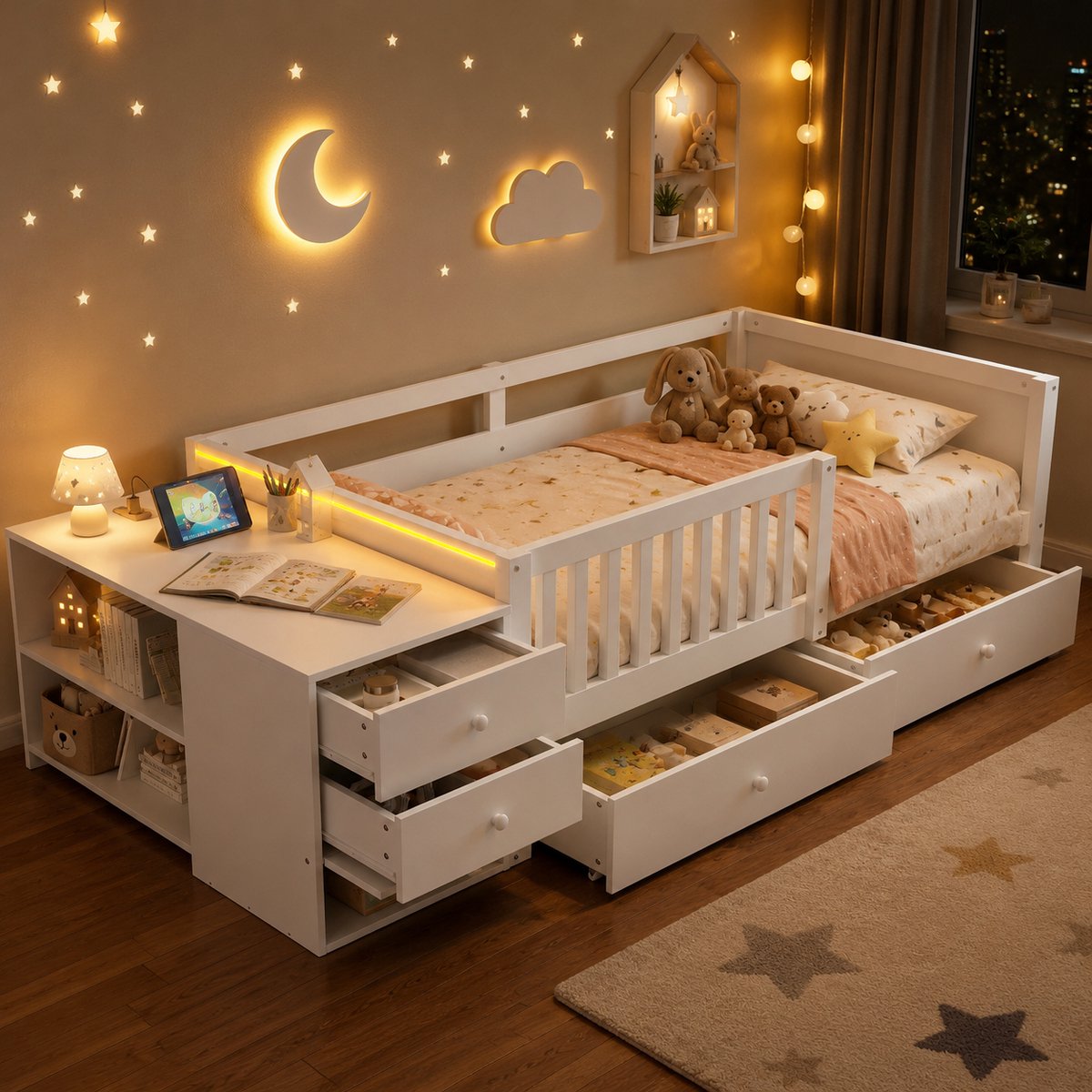 Welltin Kinderbed 90x200 cm - Eenpersoonsbed - Multifunctioneel bed - Vloerbed - Met veiligheidsleuning - Met eigen opbergkast - Bureau - Met stopcontact - Met led-lichtstrip - Met lades - Wit